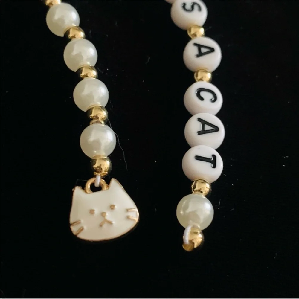 Karma Is A Cat Keychain Pearls And Gold Tone Beads Gold Tone Keyring White Cat